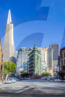 View of Transamerica Pyramid building and Columbus Tower on Columbus Avenue, San Francisco, California, USA, North America