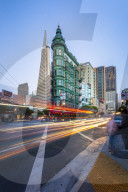 View of Transamerica Pyramid building on Columbus Avenue and car trail lights, San Francisco, California, USA, North America