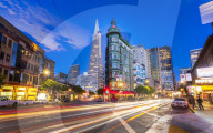 View of Transamerica Pyramid building on Columbus Avenue and car trail lights, San Francisco, California, USA, North America