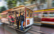 Fast moving cable car in Union Sqaure, San Francisco, California, United States of America, North America