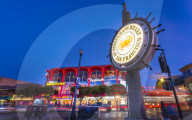 View of Fishermans Wharf sign at dusk, San Francisco, California, United States of America, North America