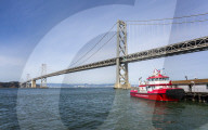 Oakland Bay Bridge and Fire Rescue Boat, San Francisco, California, United States of America, North America
