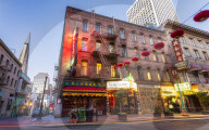 View of traditionally decorated street in Chinatown at dusk, San Francisco, California, United States of America, North America