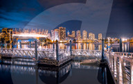 View of False Creek and Vancouver skyline, BC Place and Lookout Tower, Vancouver, British Columbia, Canada, North America