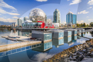 View of False Creek and Vancouver skyline, including World of Science Dome, Vancouver, British Columbia, Canada, North America
