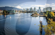 View of False Creek and Vancouver skyline, including World of Science Dome, Vancouver, British Columbia, Canada, North America