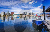 View of False Creek Ferry, Vancouver skyline, BC Place and Lookout Tower Vancouver, British Columbia, Canada, North America