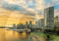 View of Vancouver skyline and False Creek as viewed from Cambie Street Bridge, Vancouver, British Columbia, Canada, North America