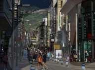 Andorra la Vella, Andorra market shops with crowd in the city center of the capital of the Principality of Andorra.