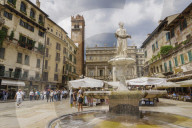 Verona, Italy Piazza delle Erbe fountain. 1368 marble fountain with Madonna statue at Market square. Maffei palace in background