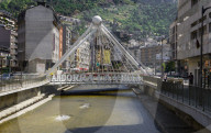 Andorra la Vella, Andorra sign day view. Sign on a bridge over the river Gran Valira on capital of the Principality of Andorra.