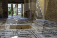 Pompeii, Italy Casa di Paquius Proculus mosaic. Internal of House of Cuspius Pansa looking across atrium to tablinum and oecus.