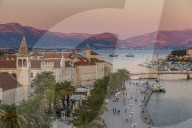 View from Kamerlengo Fortress over the old town of Trogir at sunset