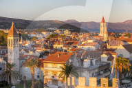 Elevated view from Kamerlengo Fortress over the old town of Trogir at sunset