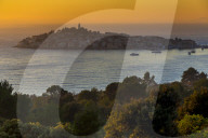 Elevated view over the old town of Primosten (situated on a small island) at sunset