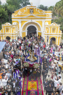 High-angle view over the Holy Tuesday Procession leaving the chapel El Calvario near Antigua during Holy Week 2017