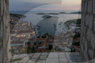 Elevated view over Hvar Town from the Spanish Fortress at dusk