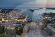 Elevated view over Hvar Town from the Spanish Fortress at dusk