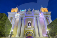 The illuminated cathedral of Huehuetenango at dusk
