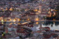 Elevated view over the old town of Trogir at dusk