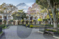 View from the main square to the Agua Volcano, Antigua, Sacatepequez, Guatemala