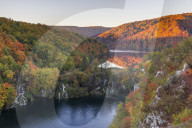 Elevated view over the Lower Lakes at sunrise inside Plitvice Lakes National Park during autumn