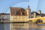 View to the Stone Bridge and the Bridge Tower, Regensburg, Bavaria, Germany, Europe
