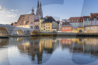 View to the Cathedral of Saint Peter, the Stone Bridge and the Bridge Tower, Regensburg, Bavaria, Germany, Europe