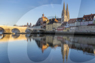 View to the Cathedral of Saint Peter, the Stone Bridge and the Bridge Tower, Regensburg, Bavaria, Germany, Europe