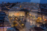 View from Santa Justa Lookout over Rossio Square (Pedro IV Square) at dusk, Lisbon, Portugal, Europe