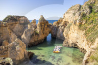 Boats anchoring at Ponta da Piedade, Lagos, Algarve, Portugal, Europe