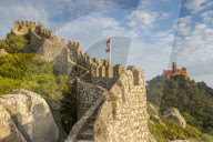 View from the Moorish Castle to Pena Palace, Sintra, Portugal, Europe