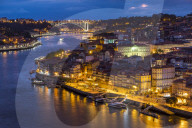 View over the old town from Serra do Pilar Monastery at dusk, Porto, Portugal, Europe