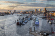 Elevated view from the Elbphilharmonie building over the port of Hamburg at sunset