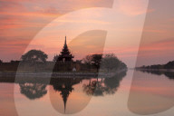 Sunset view of the Royal Palace, City Moat and City Wall in Mandalay, Myanmar (Burma)