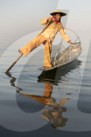 A fisherman rowing with one leg on Inle Lake, Myanmar (Burma), Asia