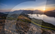 Sunrise over Derwentwater from the summit of Catbells near Keswick, Lake District