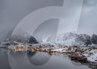 Traditional houses at reine in the Lofoten Islands at sunset