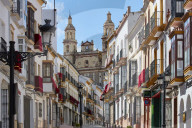 Church overlooking Semana santa decoration on buildings
