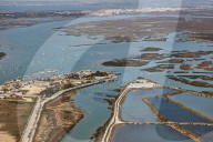 Bay of Cadiz aerial yacht harbour and marina and San Fernando in the back