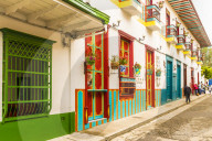 A colourful street scene with its preserved and colonial buildings, in Jardin, Colombia.