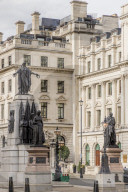 A street view, including the Crimean War Memorial, in St James in London, England, United Kingdom, Europe.