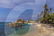 A view of the famous hammock hut overlooking the beach of Cabo San Juan and the Caribbean sea in Tayrona National Park,Colombia.