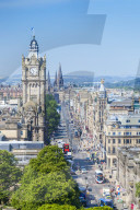 Busy traffic on Princes street, city centre and Edinburgh skyline, Edinburgh, Midlothian, Scotland, UK, GB, EU, Europe