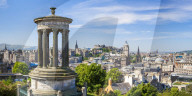 Dugald Stewart Monument, city centre and Edinburgh Skyline panorama, Calton Hill, Edinburgh, Midlothian, Scotland, UK, GB, EU
