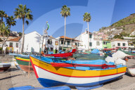 Traditional, colourful, decorated fishing boats on the beach in Camara de Lobos fishing village, Madeira, Portugal, EU, Europe