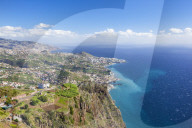 The southern coastline of Madeira towards Funchal from the high sea cliff headland Cabo Girao, Madeira, Portugal, EU, Europe