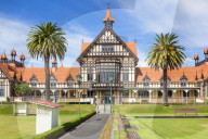 Tudor style Rotorua Museum and Government gardens, Rotorua, North Island, New Zealand, NZ