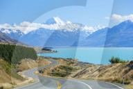 Mount Cook, Highway 80 S curve road and Lake Pukaki, Mount Cook National Park, New Zealand, NZ