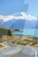 Mount Cook, Highway 80 S curve road and Lake Pukaki, Mount Cook National Park, New Zealand, NZ